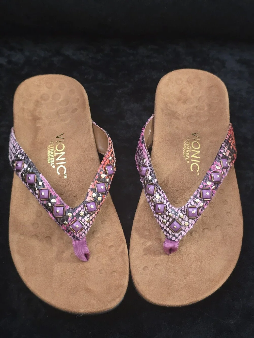 Vionic Orthaheel Pink Python Print Embellished Thong Sandals